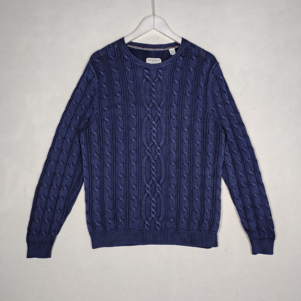 Tommy Bahama Jeans Mens Medium Blue Cable Knit Cotton Crewneck Sweater M